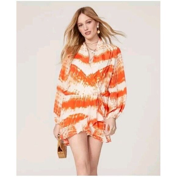 $330 Rococo Sand Orange Tie Dye Faux Wrap Mini Dress Sz S Revolve - Picture 1 of 8